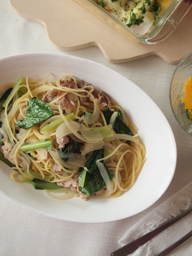 【第1道・主菜】小松菜跟豬肉湯汁義大利麵